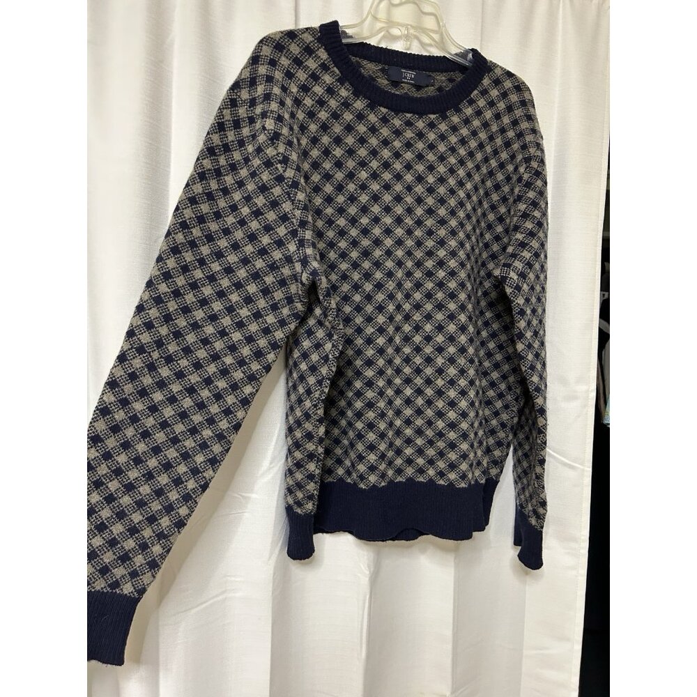 J.Crew Crewneck Sweater Men’s Blue Tan 100% Lambs Wool Check Preppy Large - Picture 2 of 6